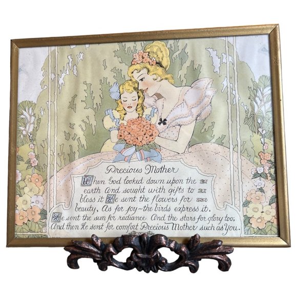 Vtg 1930s PRECIOUS MOTHER Poem Print Art Gold Frame Mother's Day Hanger 9" x 7" - Picture 7 of 16